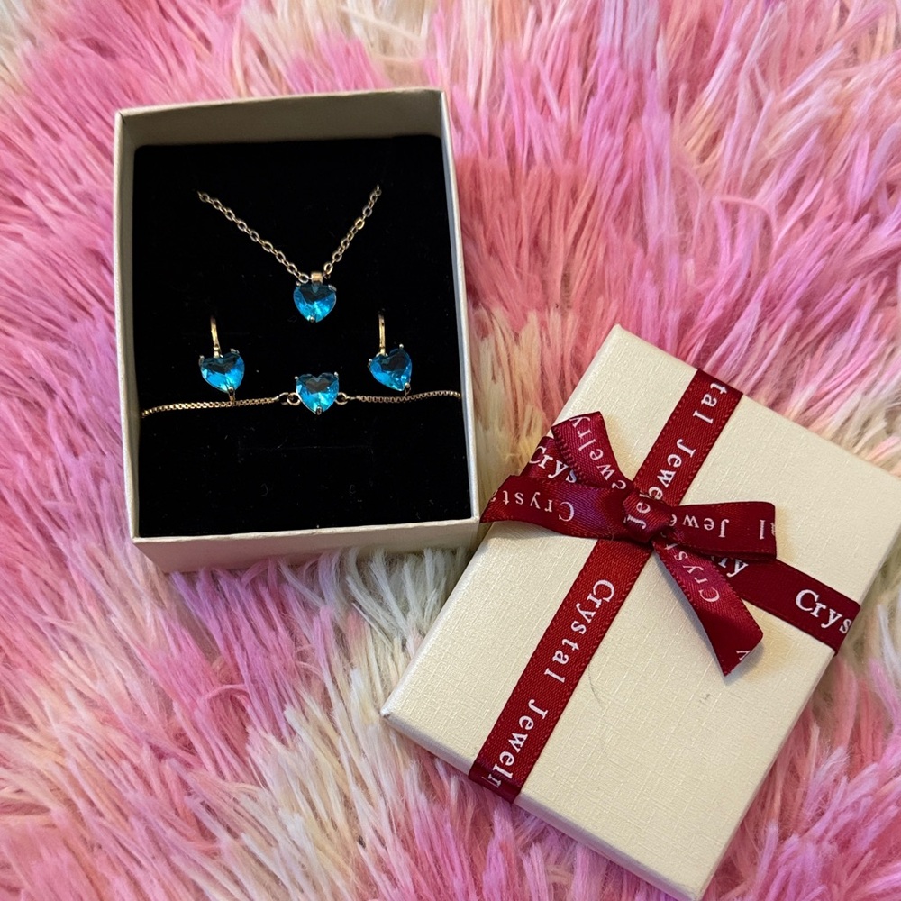 Blue Heart Necklace, bracelet and Earring Set